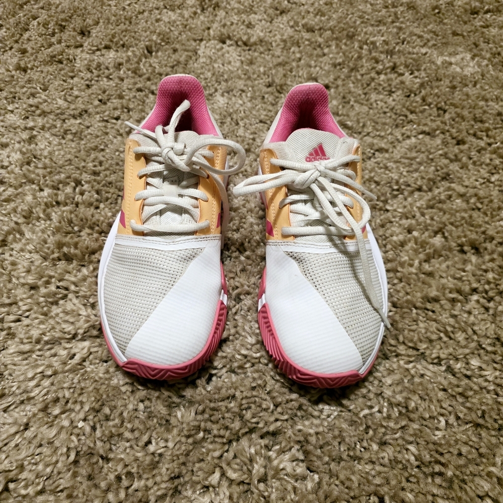 Adidas CourtJam xJ Tennis- Cloud white/Screaming pink/Acid orange - Kids Sz 4 - Picture 4 of 8